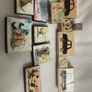 Kids rubber Stamps lot. Car, truck, Winnie the Pooh, soccer ball, bear, balloon